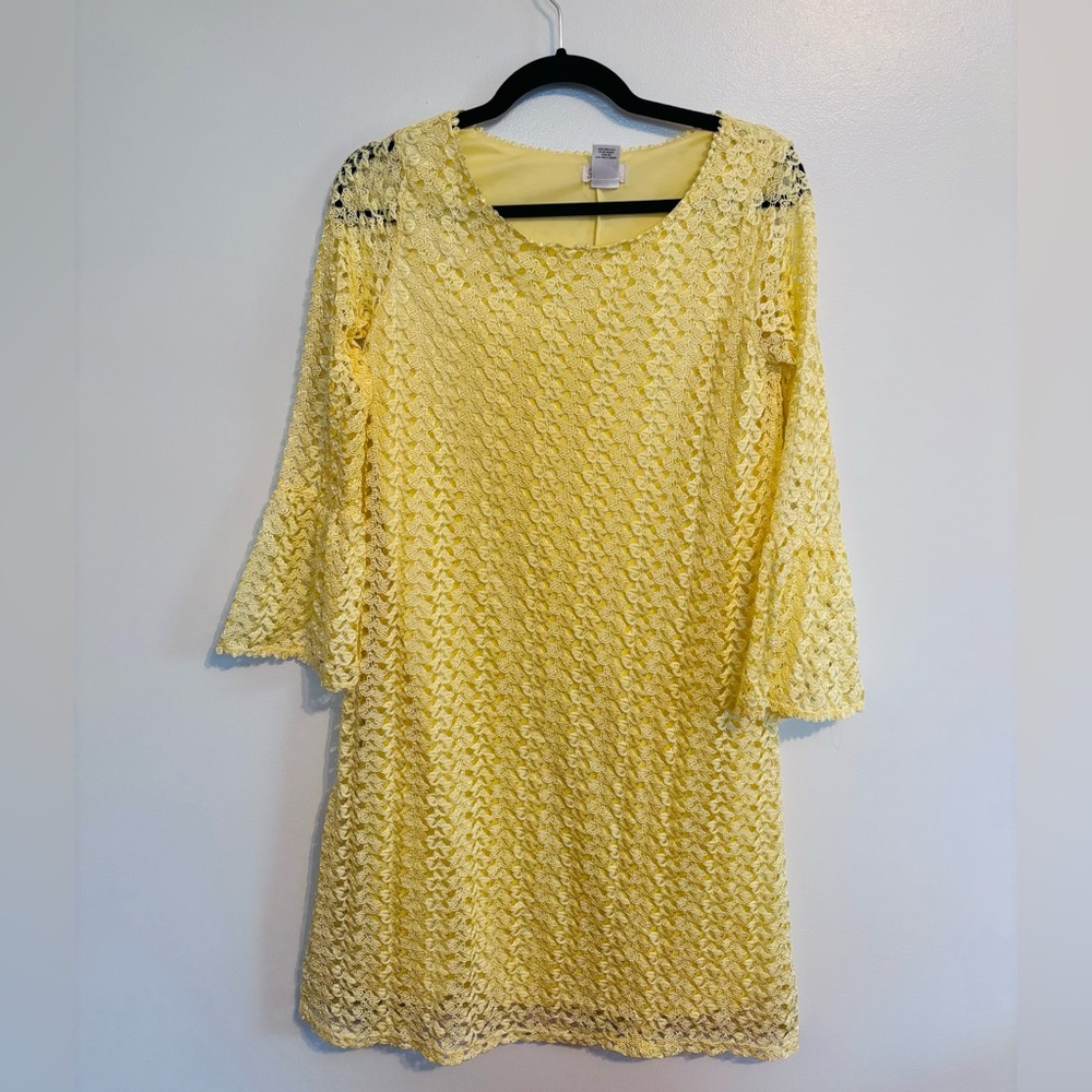Brittany Black yellow lace shift dress with bell sleeves size small